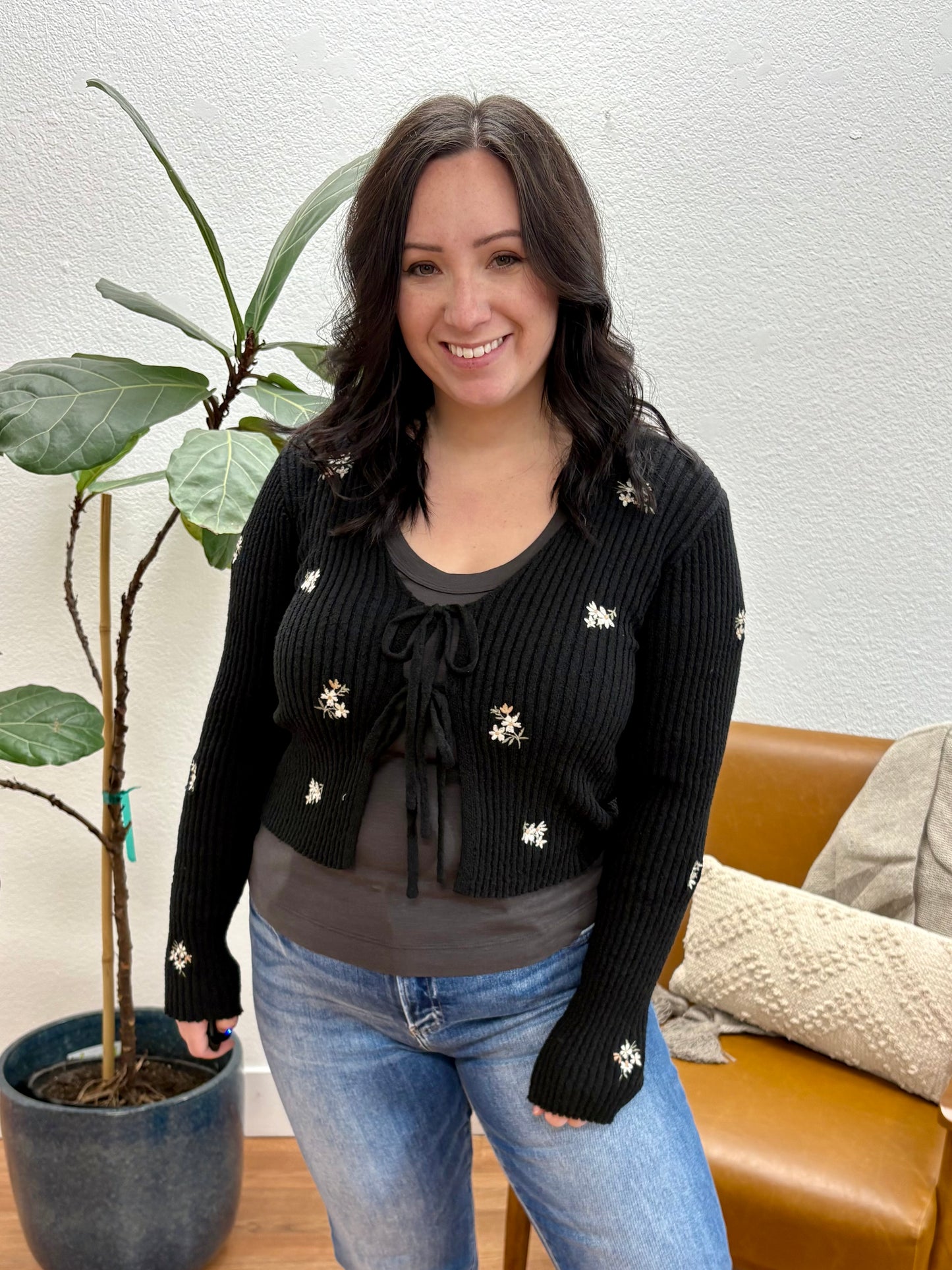 Black Floral Tie Knit Cardigan