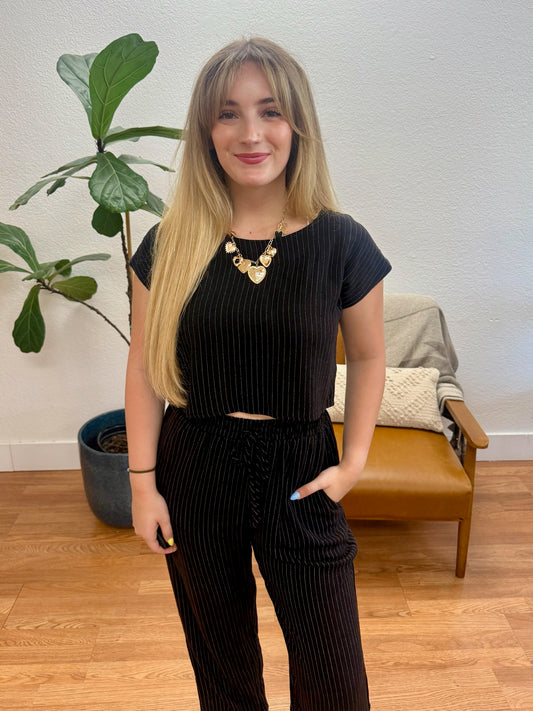 Black Pinstripe Linen Top