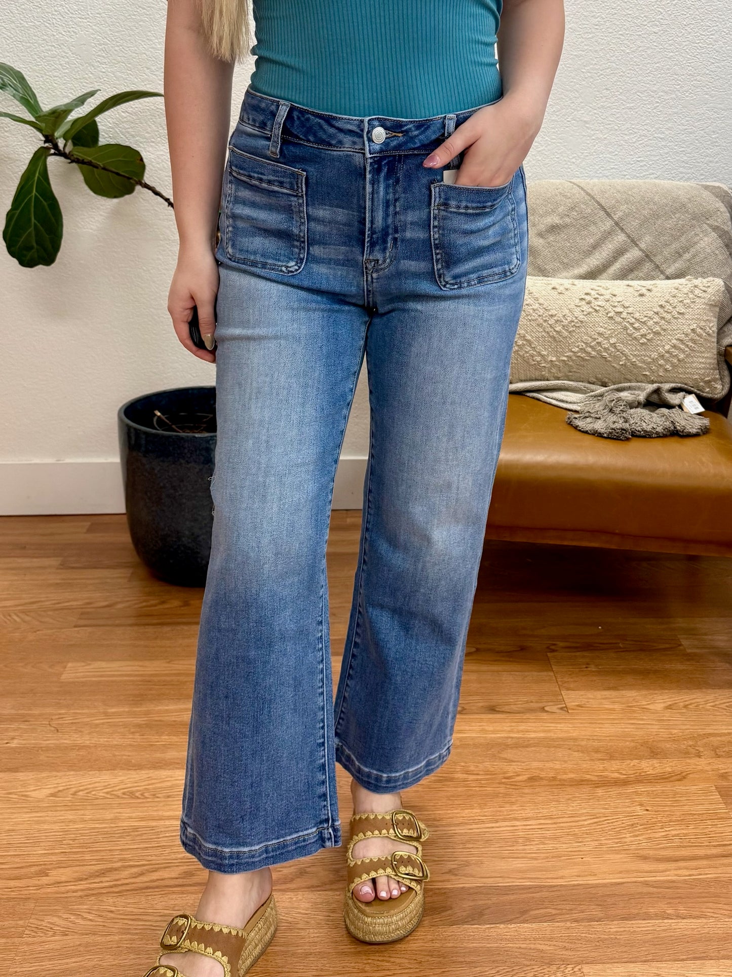 Crew Blue High Rise Cropped Wide Leg Jeans
