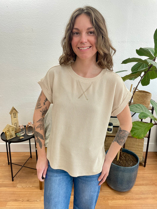 Cream Ribbed Crew Neck Tee - Terra Cottage