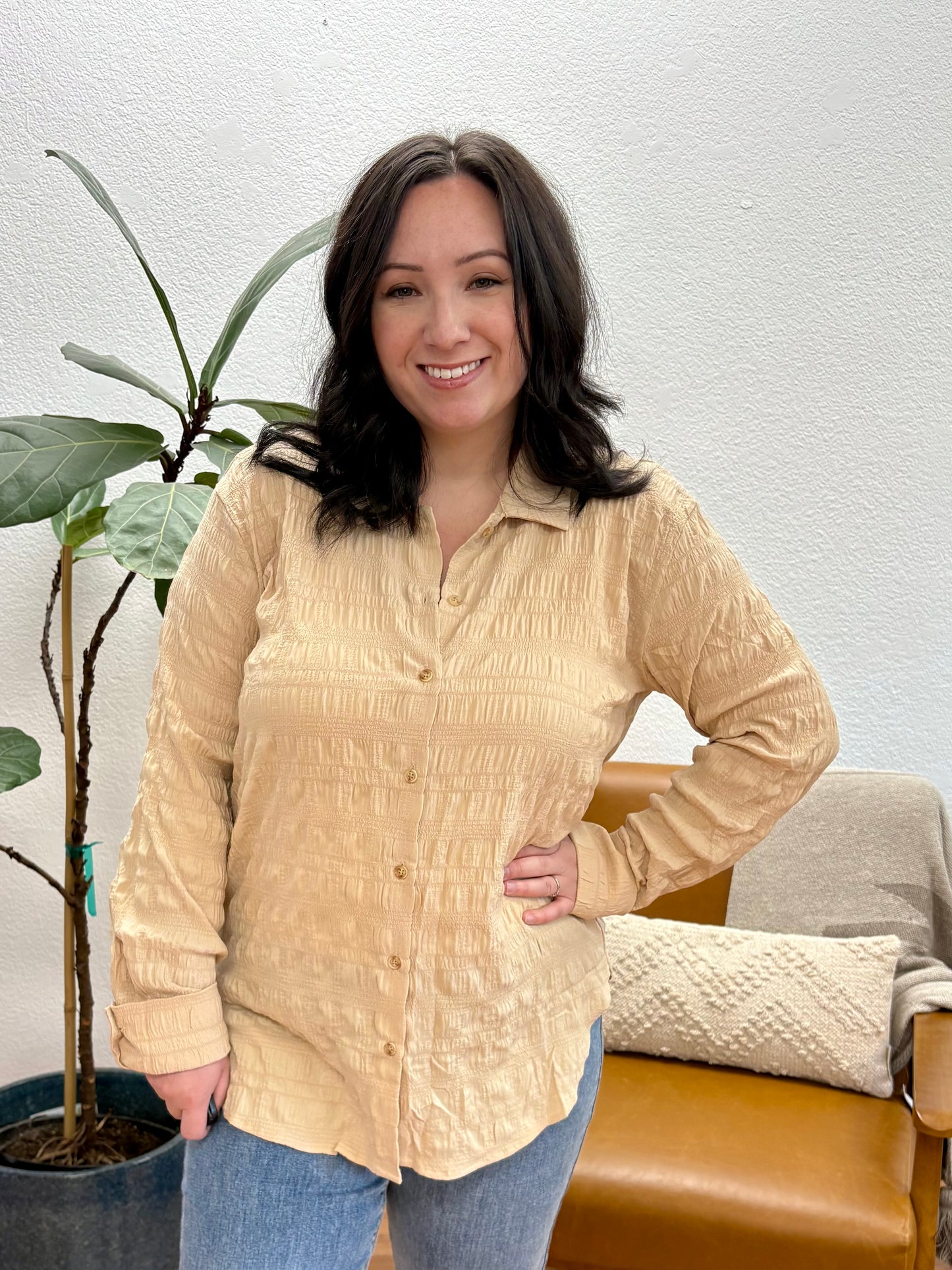 Almond Stripe Textured Button Down Top