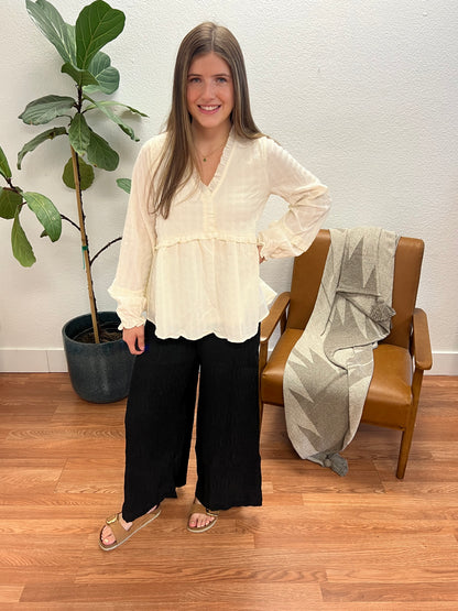 Cream V-Neck Ruffle Blouse