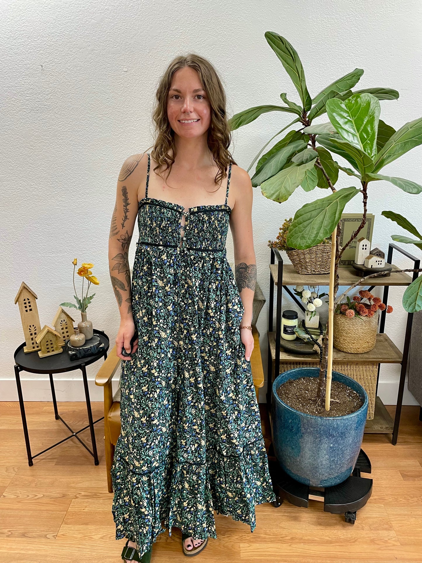 Black Floral Button Front Dress