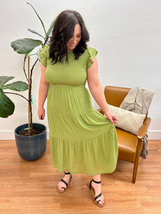 Olive Green Smocked Tiered Midi Dress