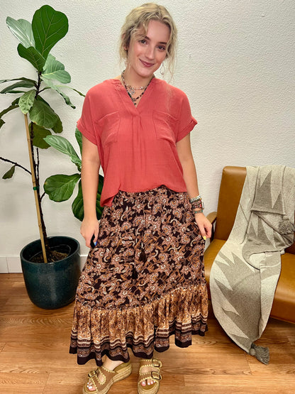 Camel Multi Print Tiered Skirt