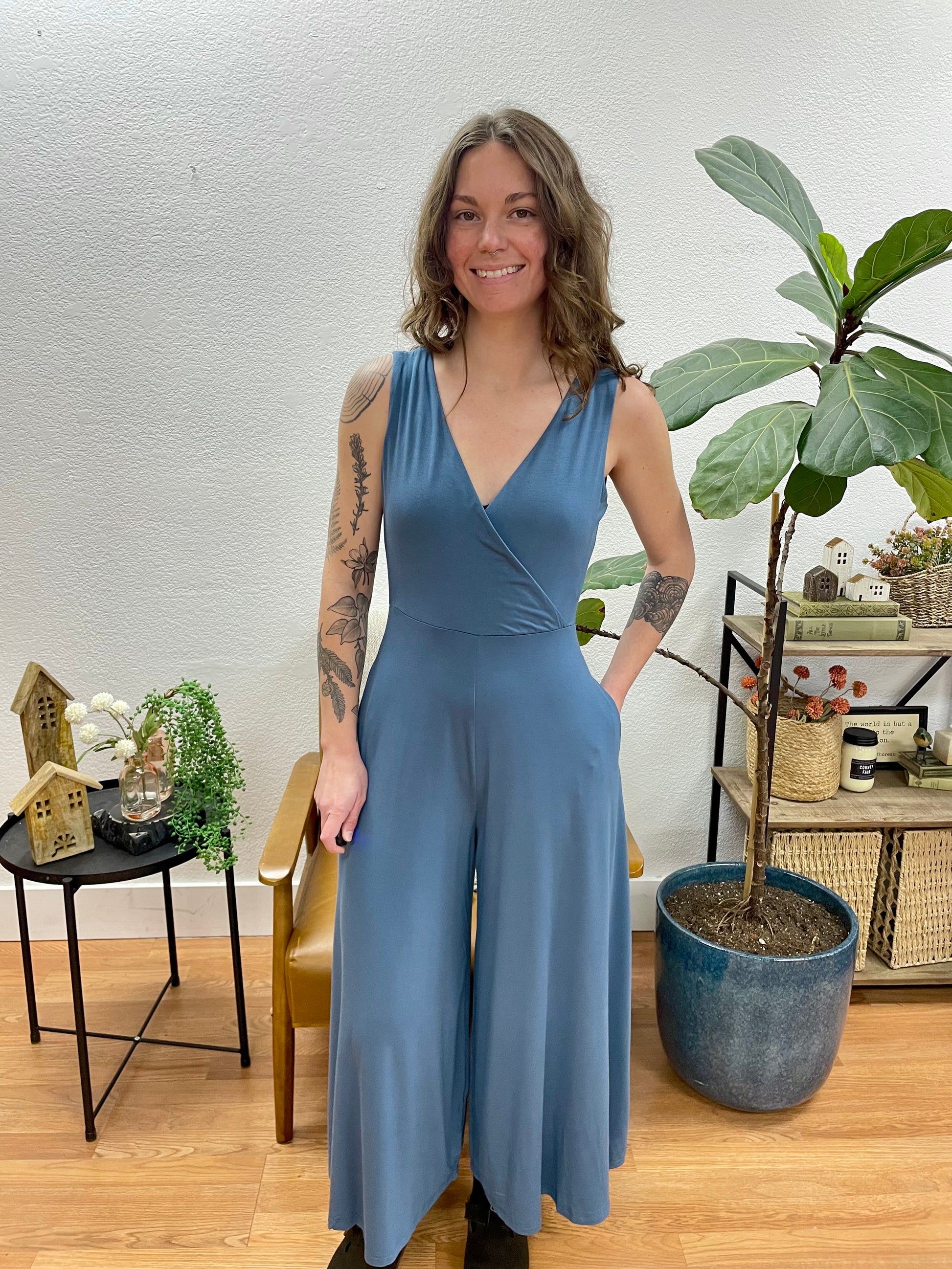 Slate Soft Surplice Sleeveless Jumpsuit - Terra Cottage