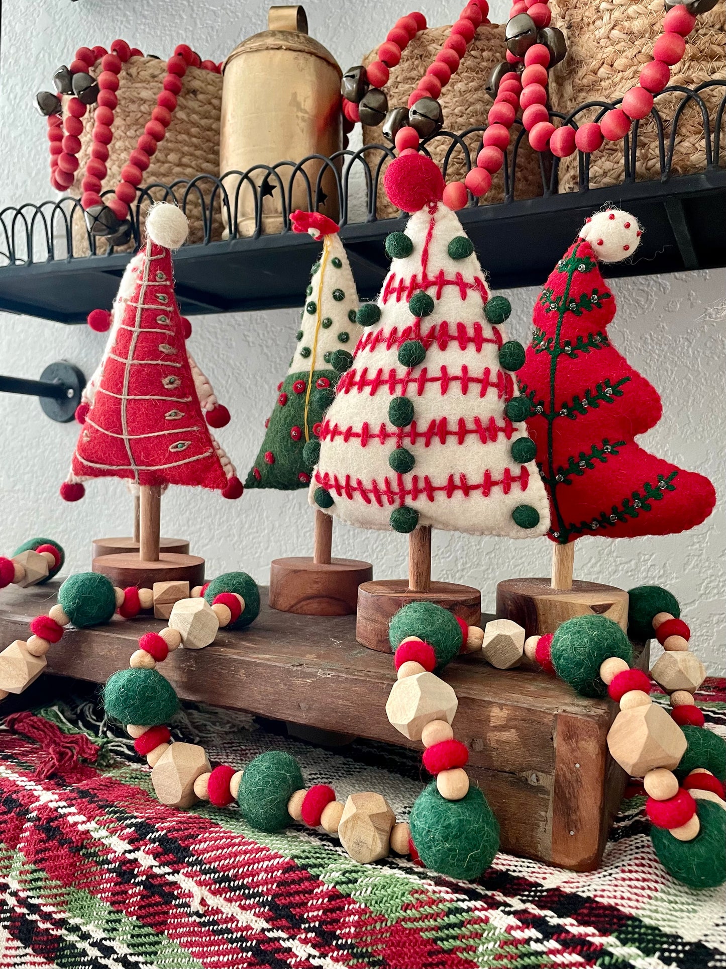 Wool Red and Green Wood Bead Garland