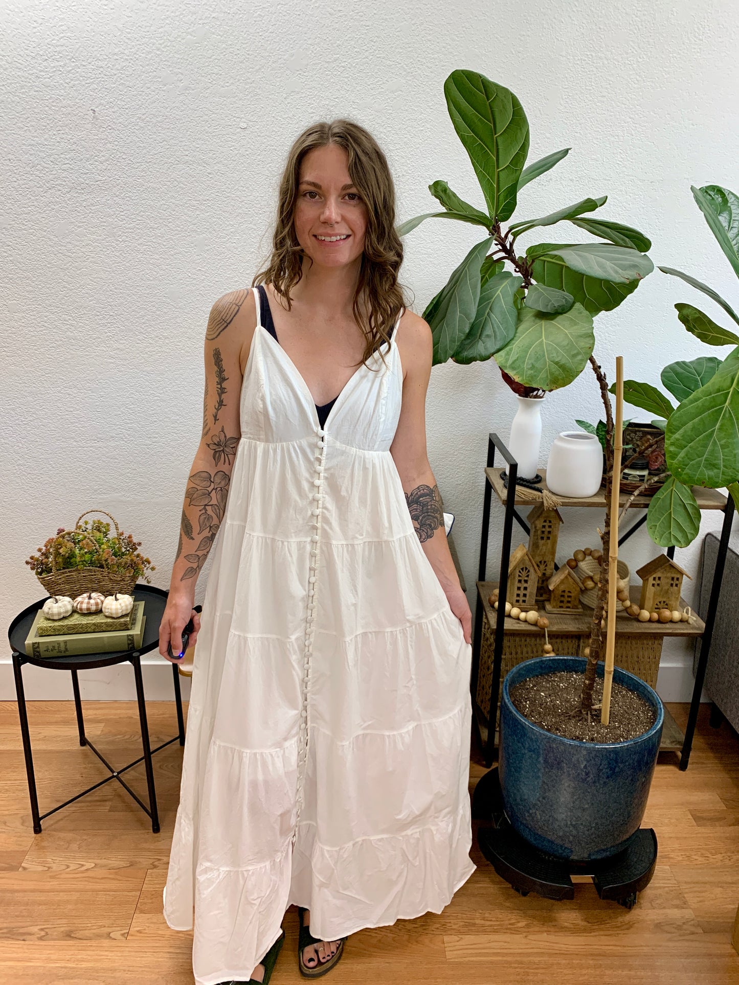 White V Neck Button Front Tiered Maxi Dress