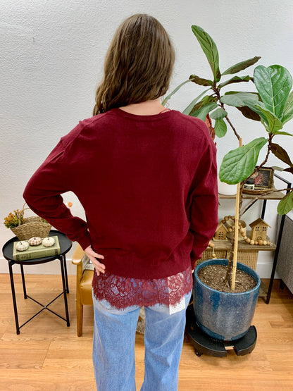 Wine Lace Hem Sweater