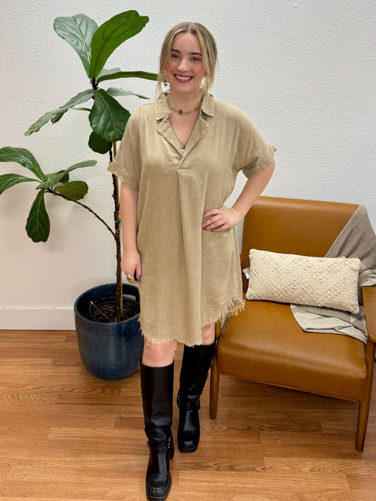 Beige Washed Linen Dress