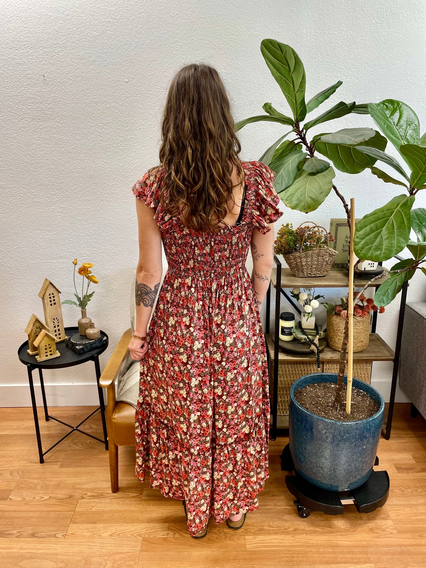 Wine Smocked Bodice Floral Midi Dress
