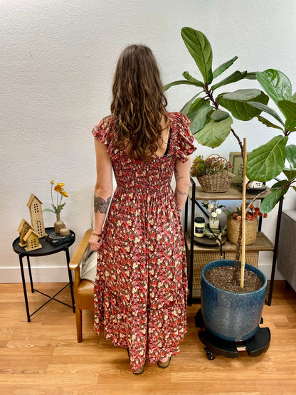 Wine Smocked Bodice Floral Midi Dress