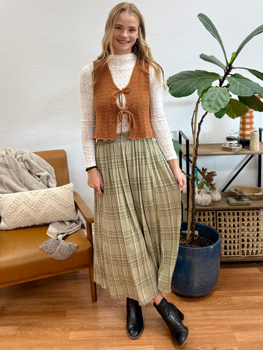 Spruce Plaid Pleats Midi Skirt