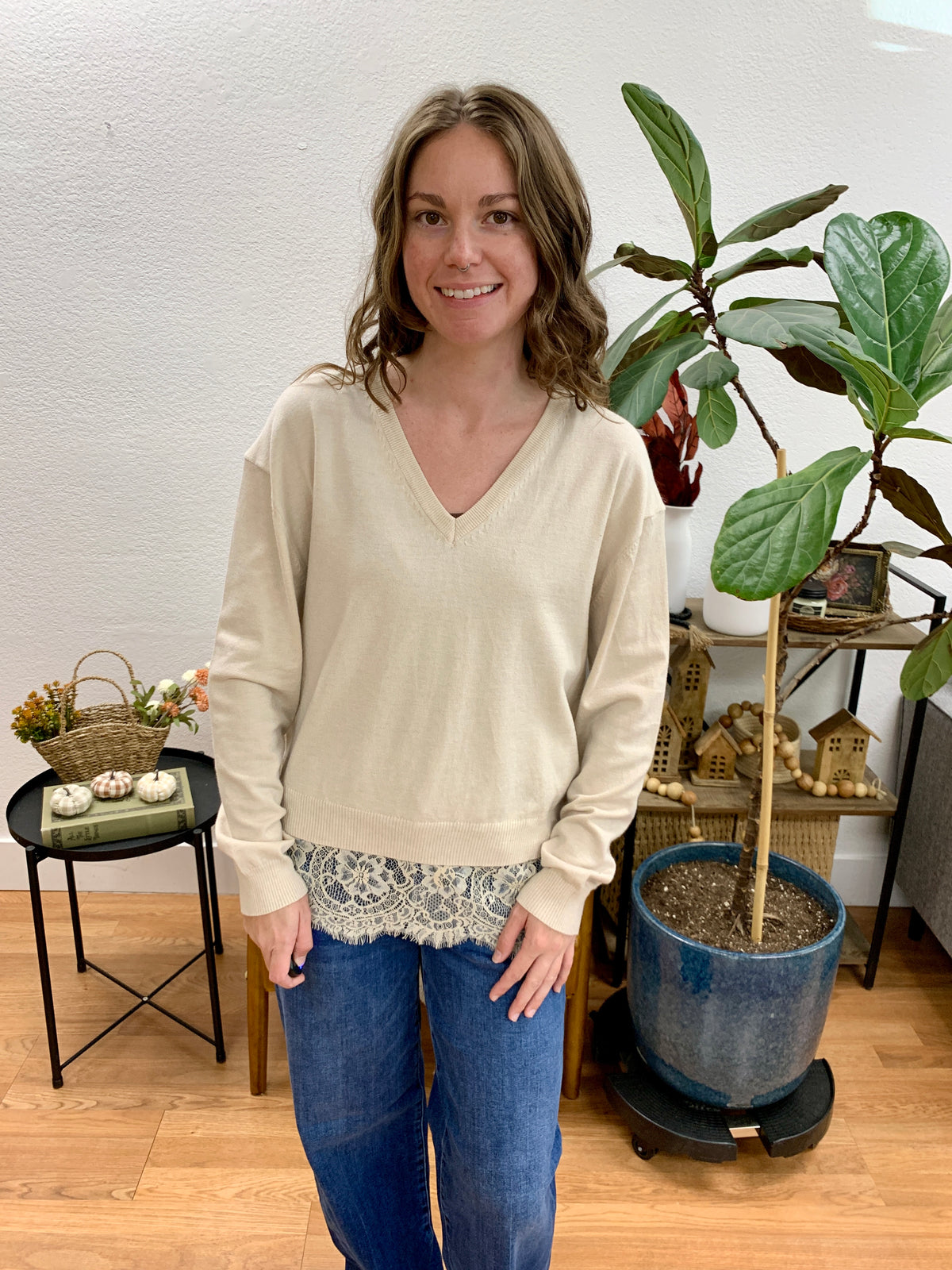 Oatmeal Lace Hem Sweater
