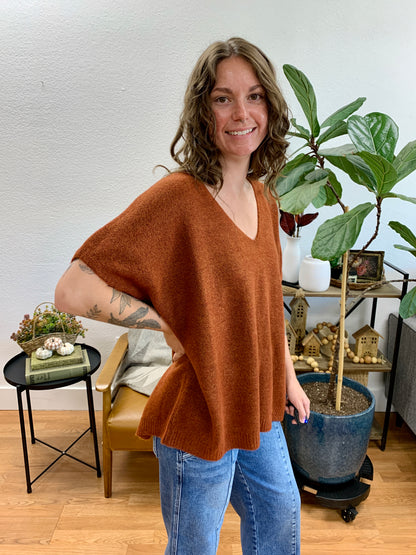 Rust V Neck Short Sleeve Sweater