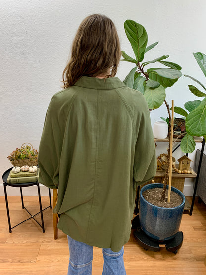 Olive Linen Blend Raglan Button Up