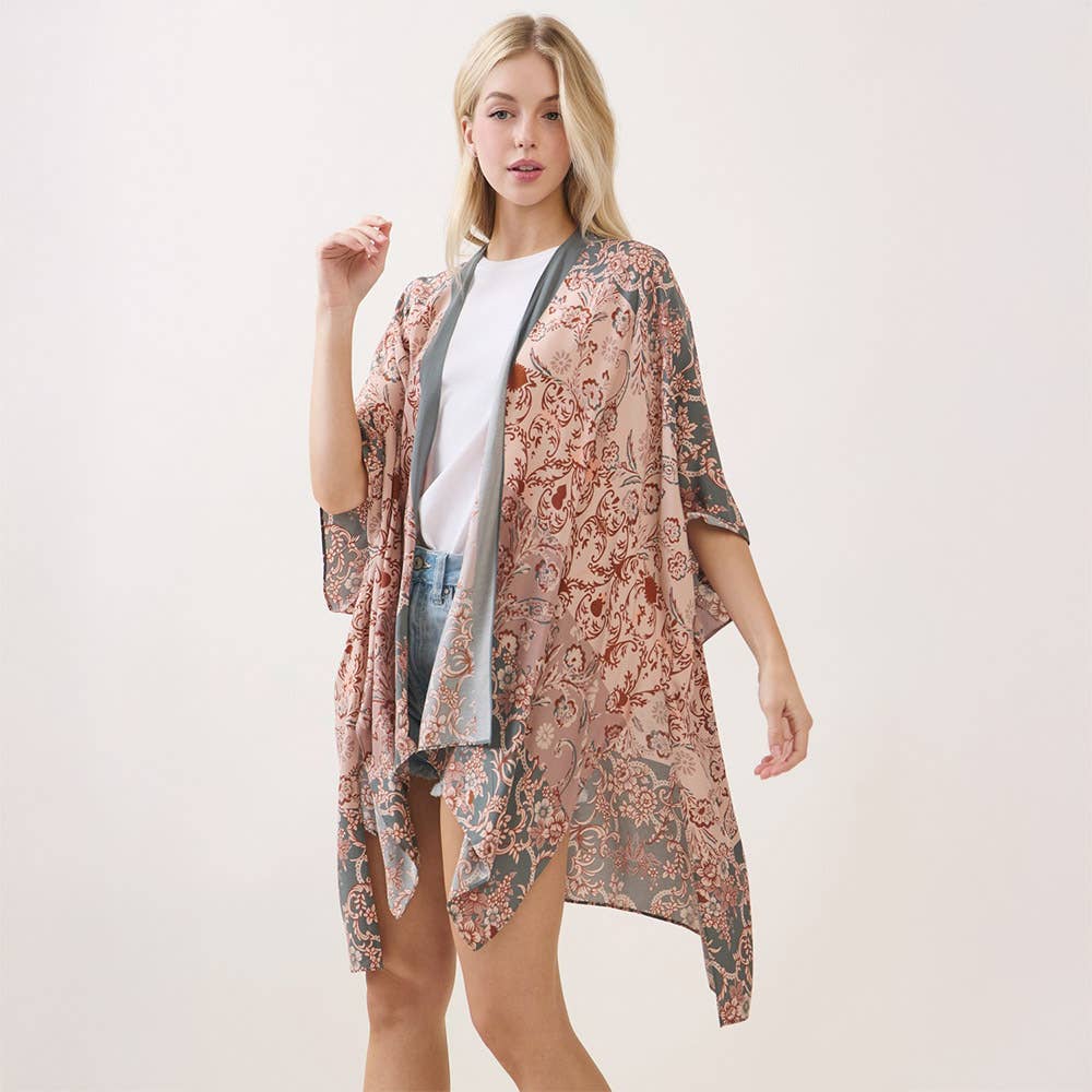 Olive Green Floral Pattern Kimono