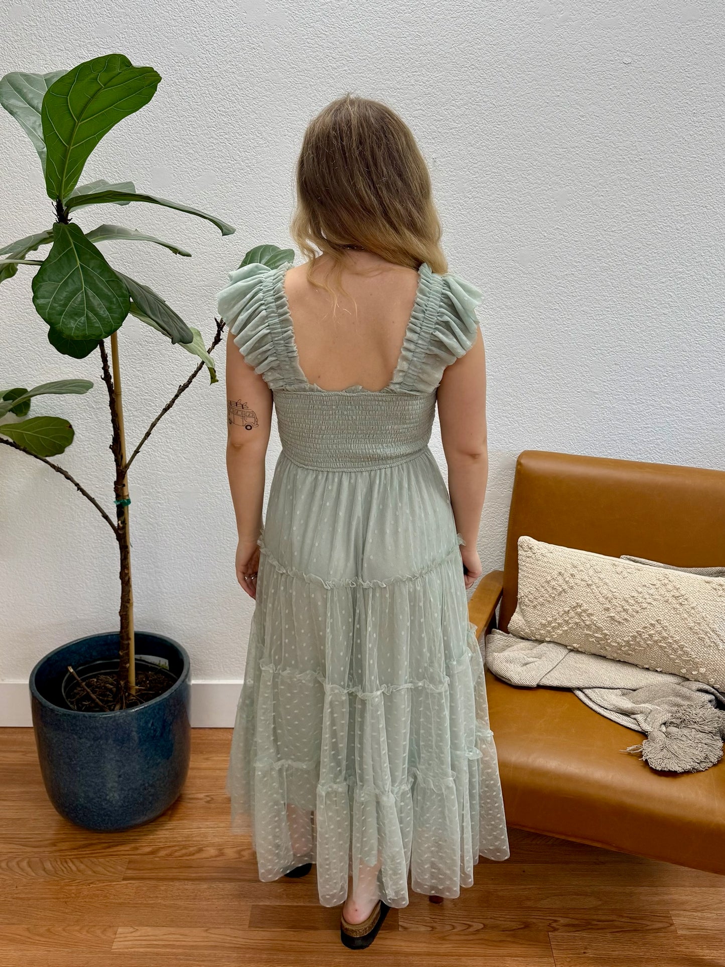 Sage Polka Dot Chiffon Midi Dress