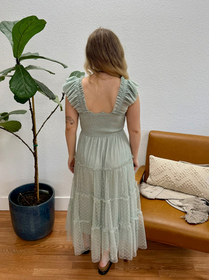 Sage Polka Dot Chiffon Midi Dress