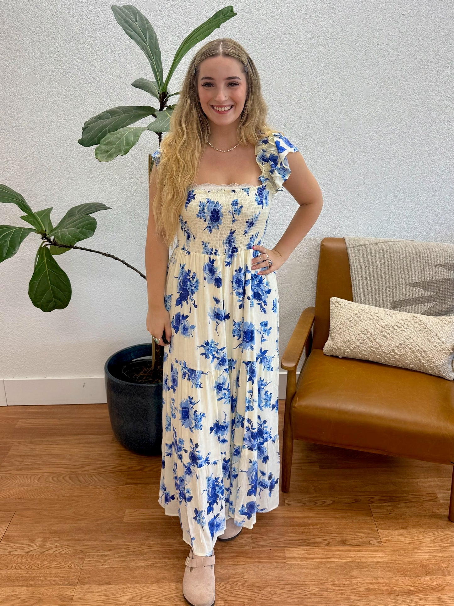 Ivory Blue Floral Maxi Dress