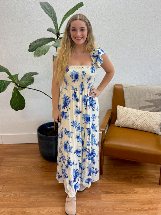 Ivory Blue Floral Maxi Dress