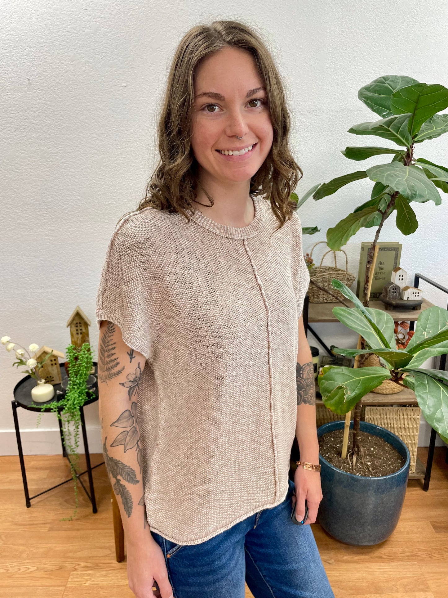 Beige Washed Knit Top