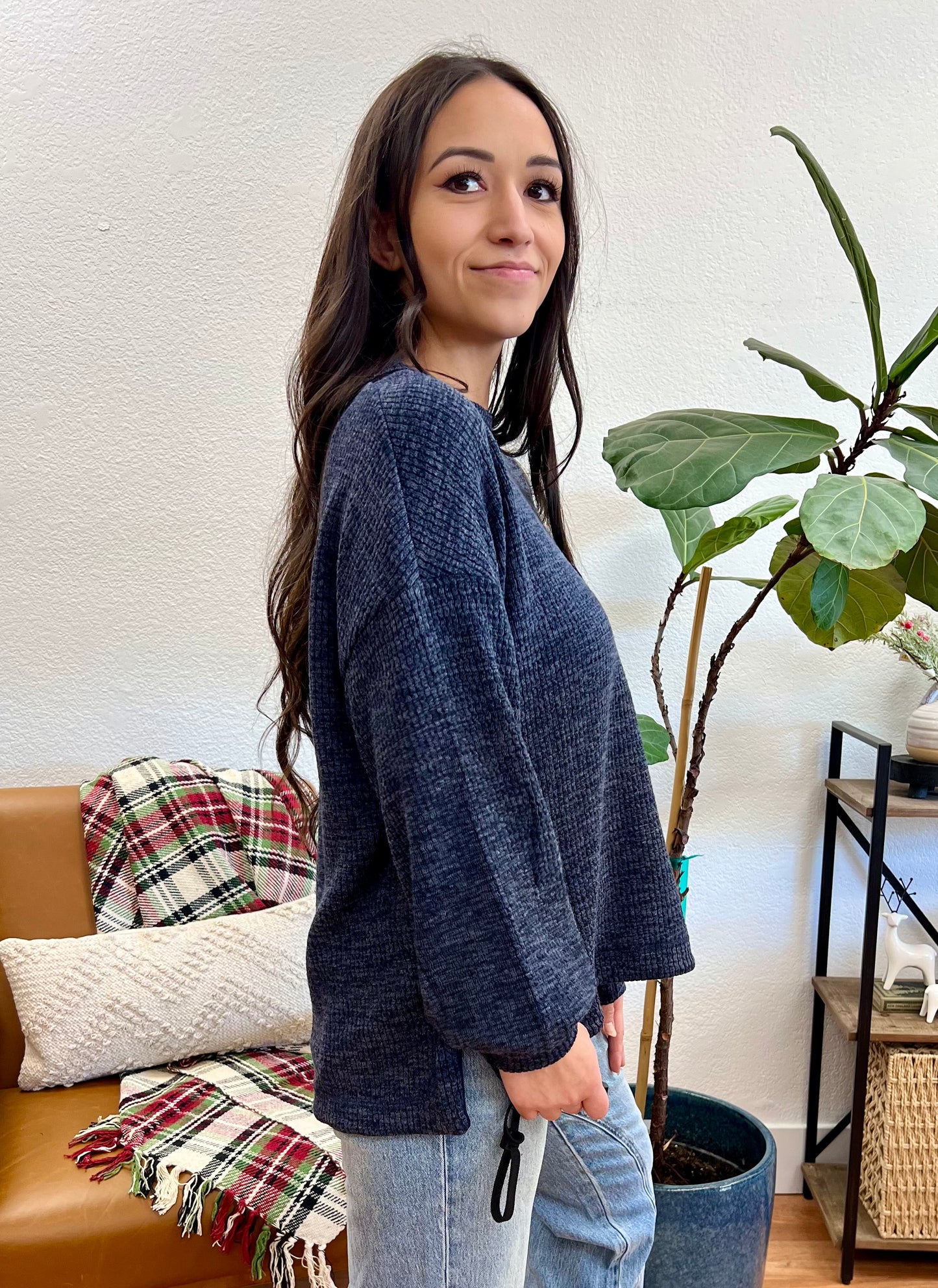 Navy Ribbed Pocket Pullover