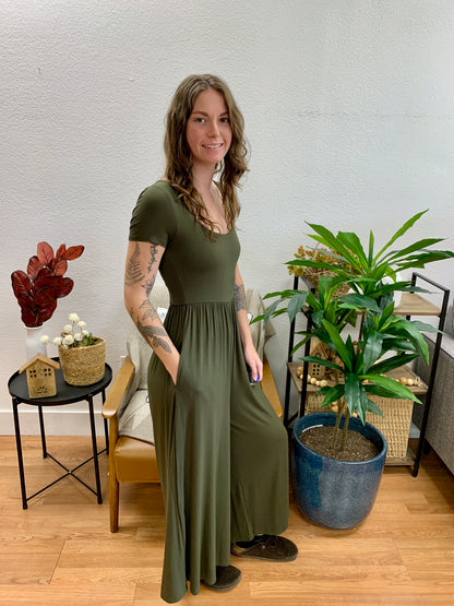 Dark Olive Double Layer Short Sleeve Jumpsuit
