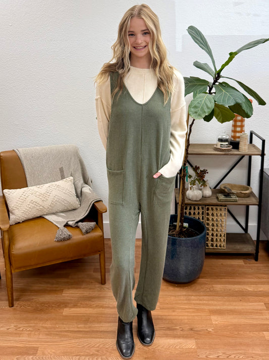 Olive Sleeveless Ribbed Jumpsuit