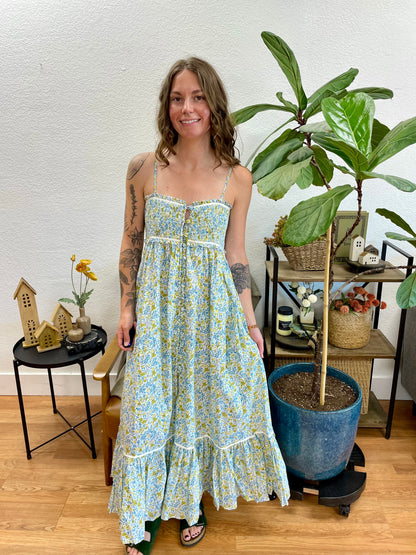 Blue Floral Button Front Dress