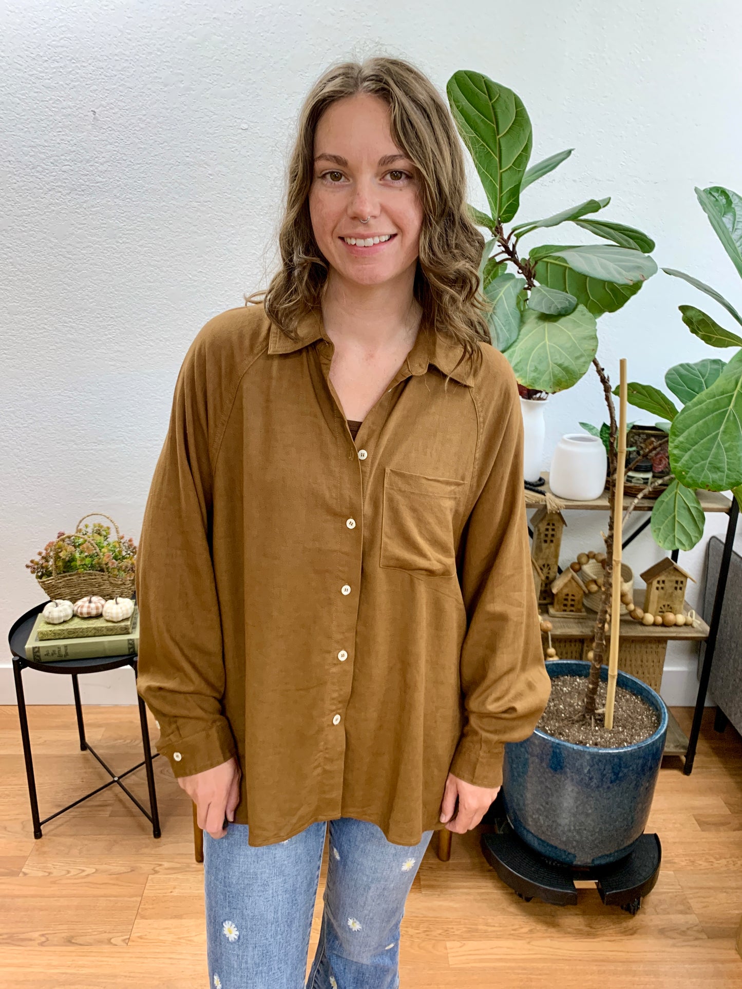 Brown Linen Blend Raglan Button Up