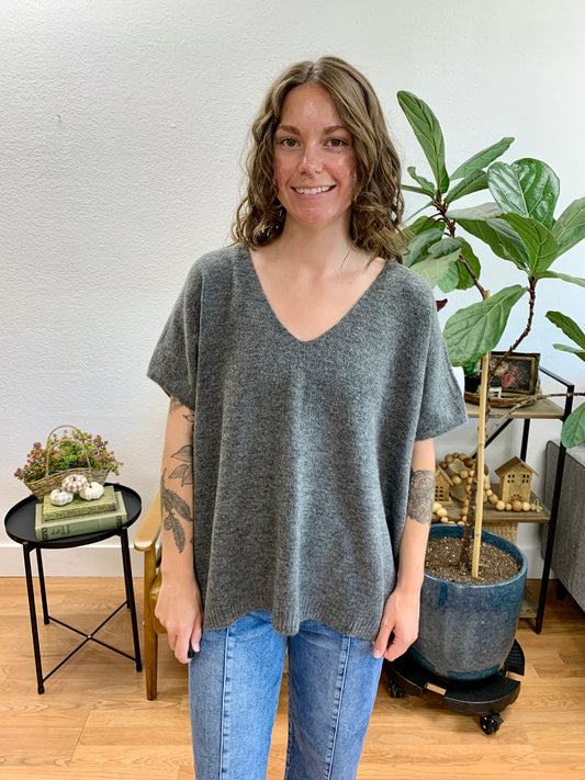 Charcoal V Neck Short Sleeve Sweater