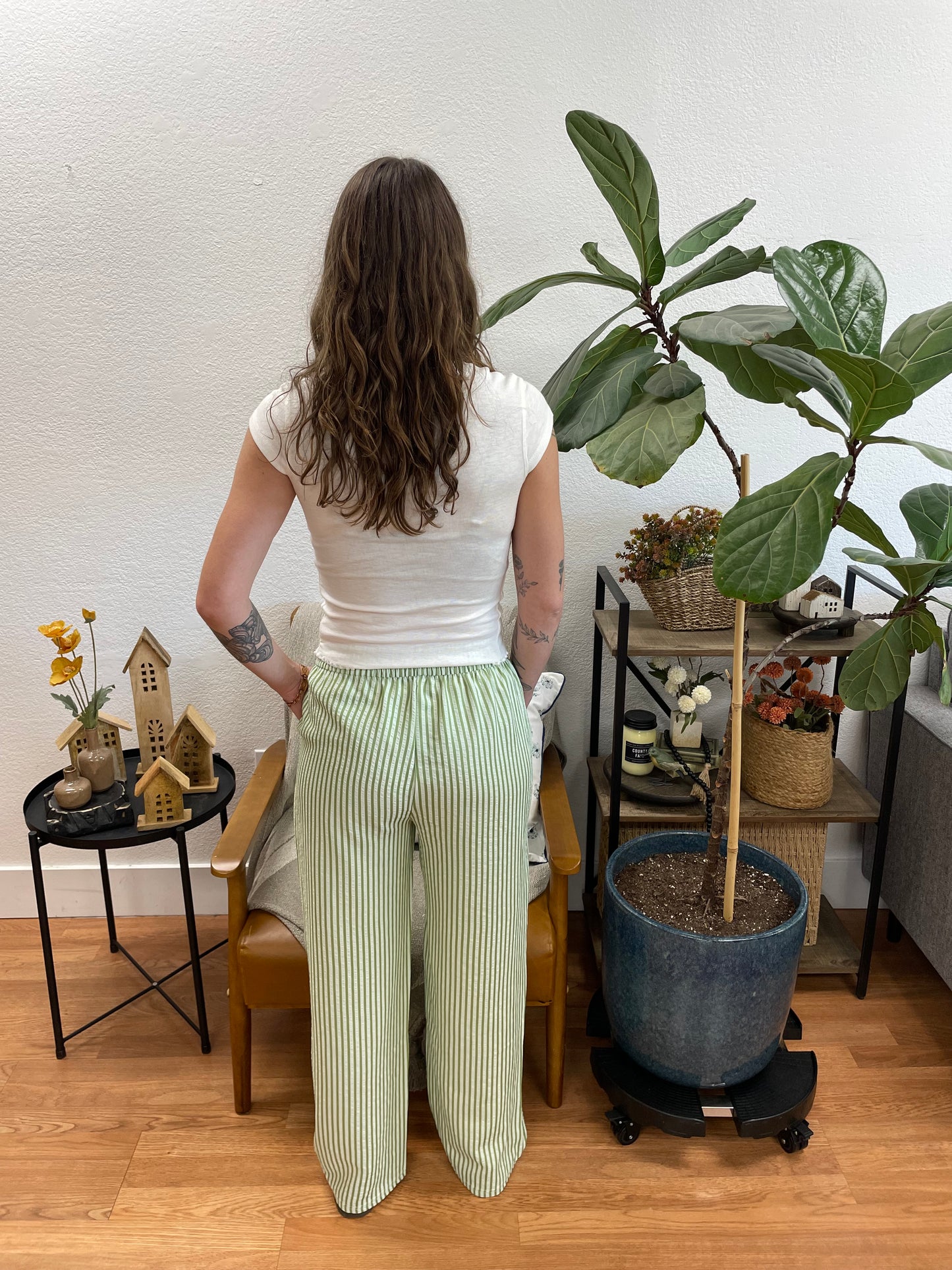 Olive Striped Drawstring Pants