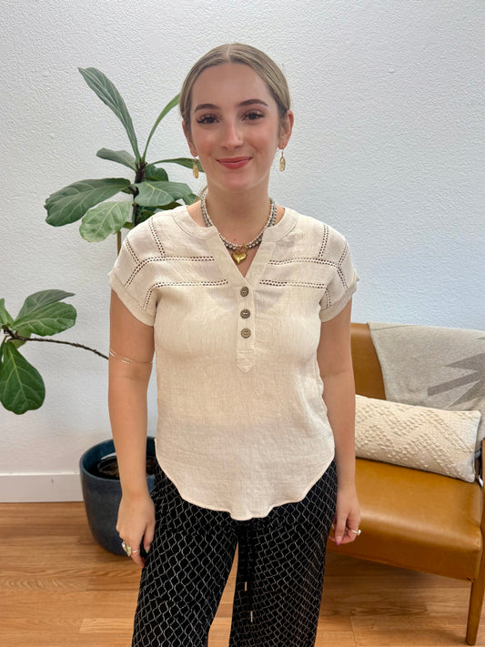 Cream Crochet Henley Blouse