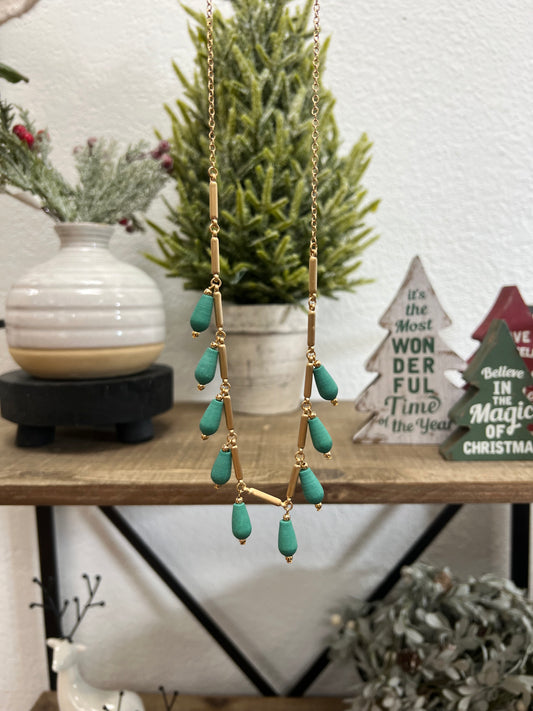 Teal Wood Bead Long Necklace
