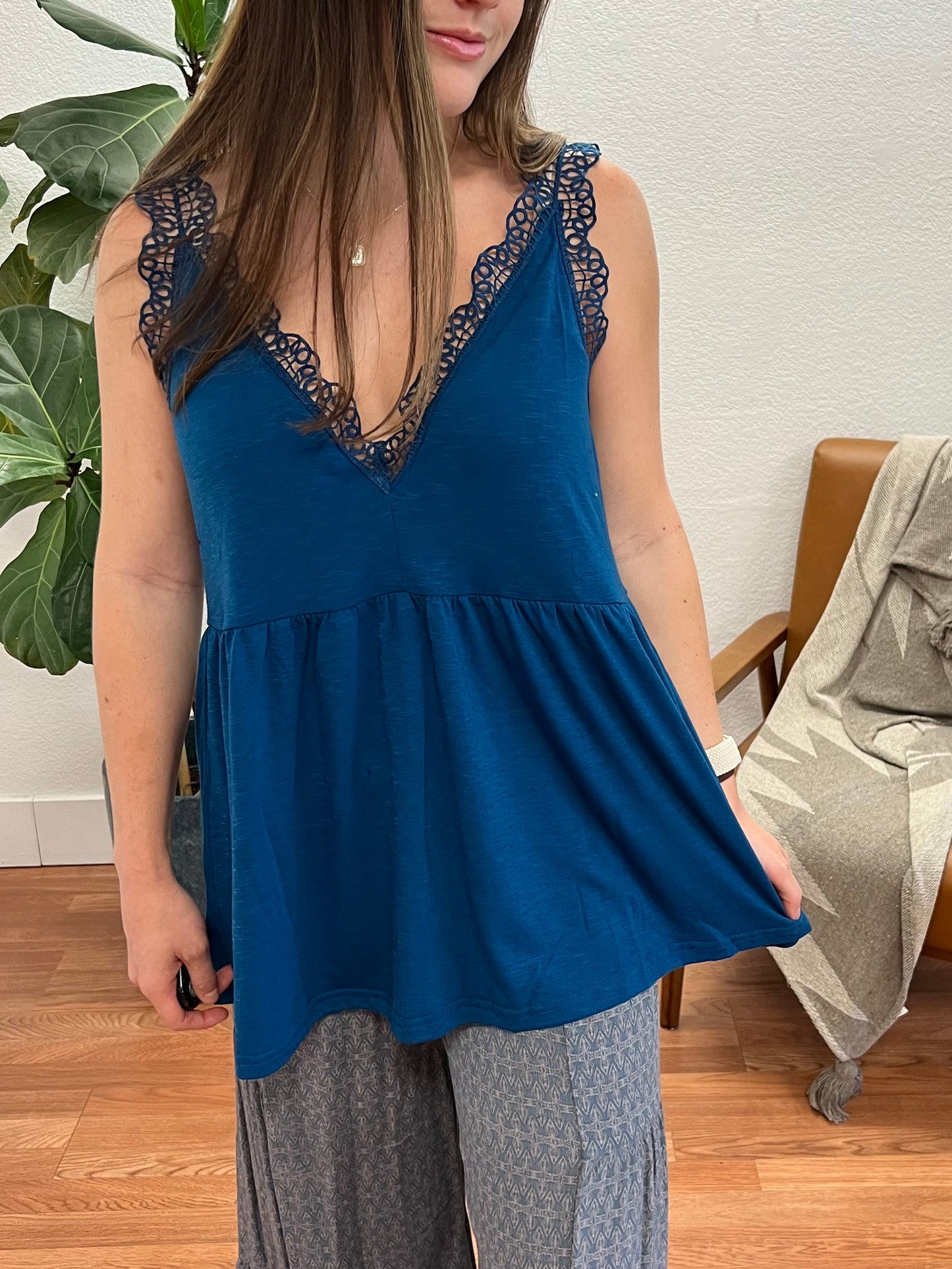 Blue Crochet Lace Trim Tank