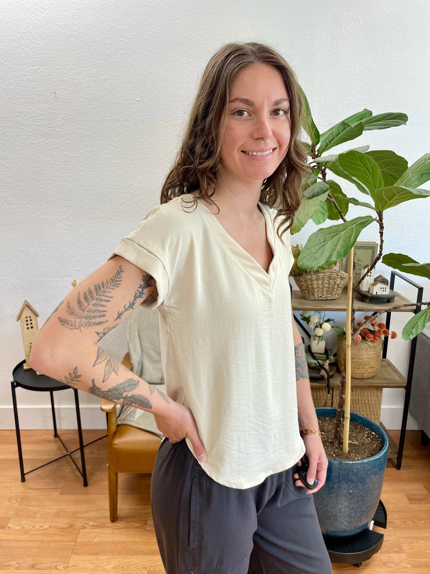 Light Beige V-Neck Pintuck Top