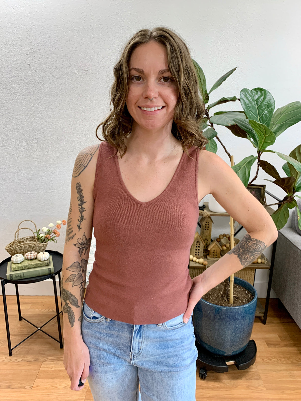 Rose V Neck Soft Knit Tank