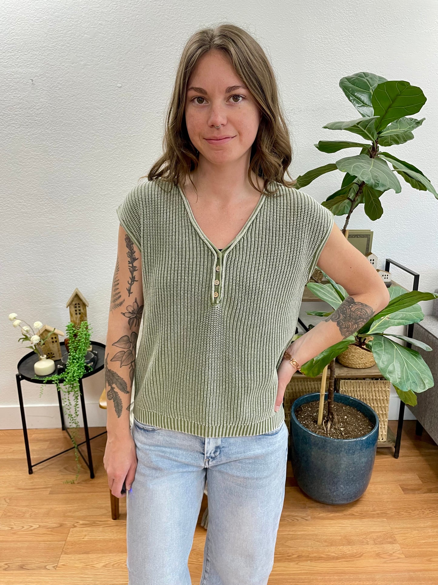 Olive Knit Henley Top
