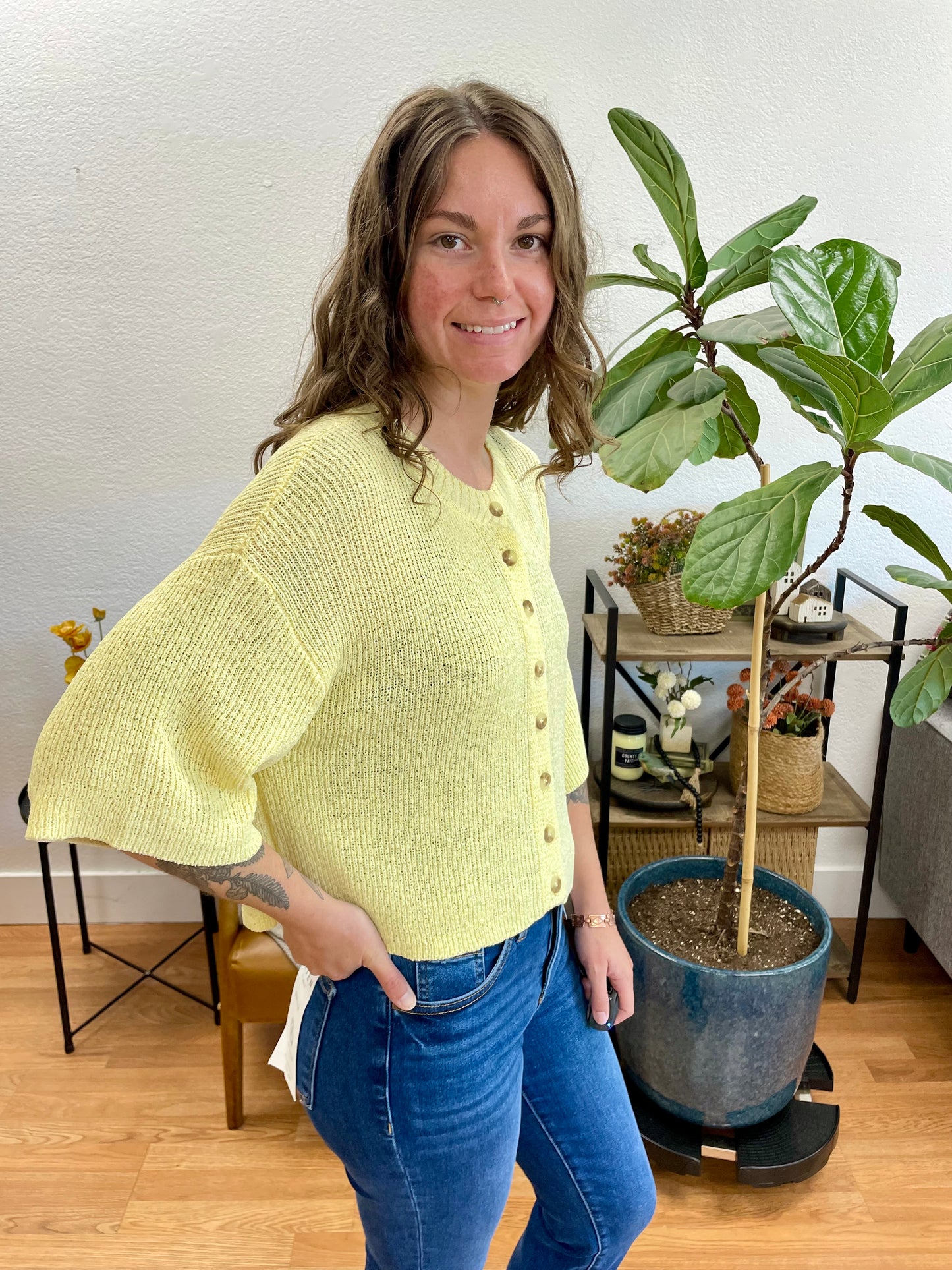 Butter Yellow Boxy Button Up Cardigan