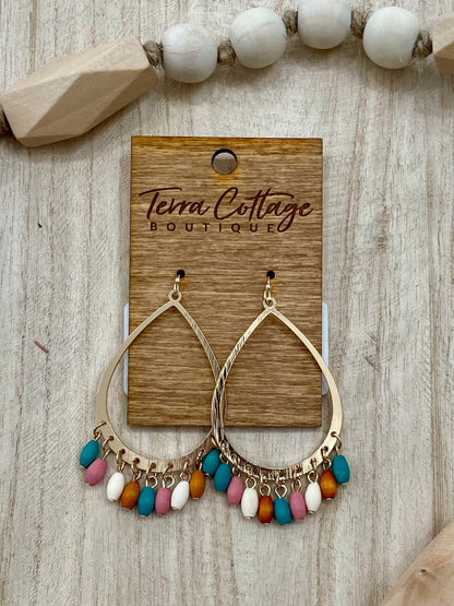 Multicolored Dangle Wood Bead Teardrop Earrings