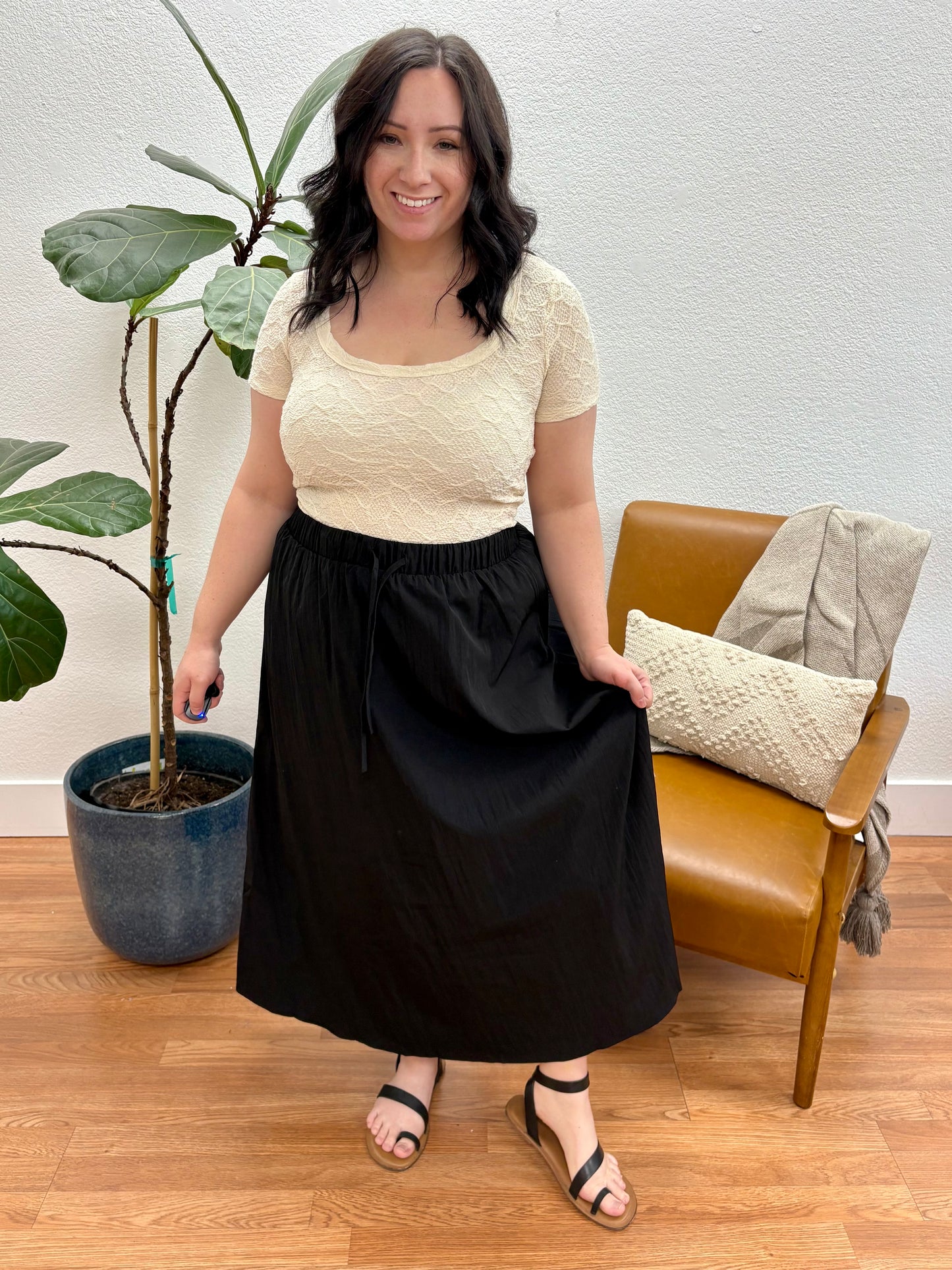 Black Drawstring Crinkle Maxi Skirt