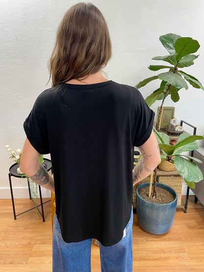 Black Crew Neck Rolled Sleeve Top