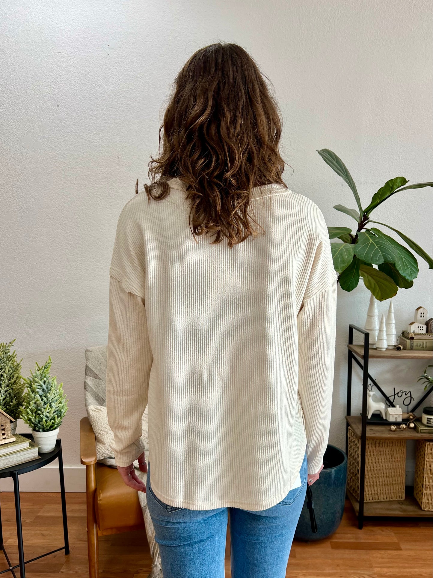 Cream Half Button V Neck Knit Top