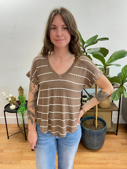 Mocha Striped V Neck Knit Tee