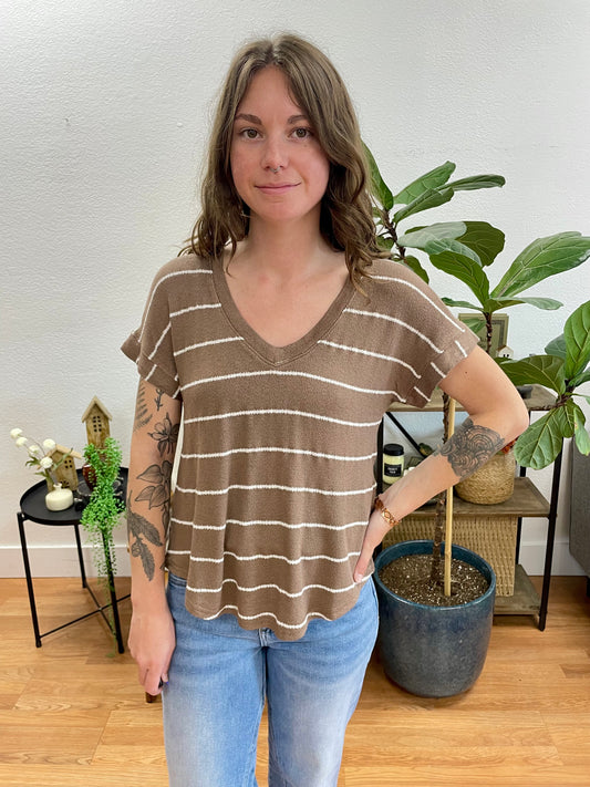 Mocha Striped V Neck Knit Tee