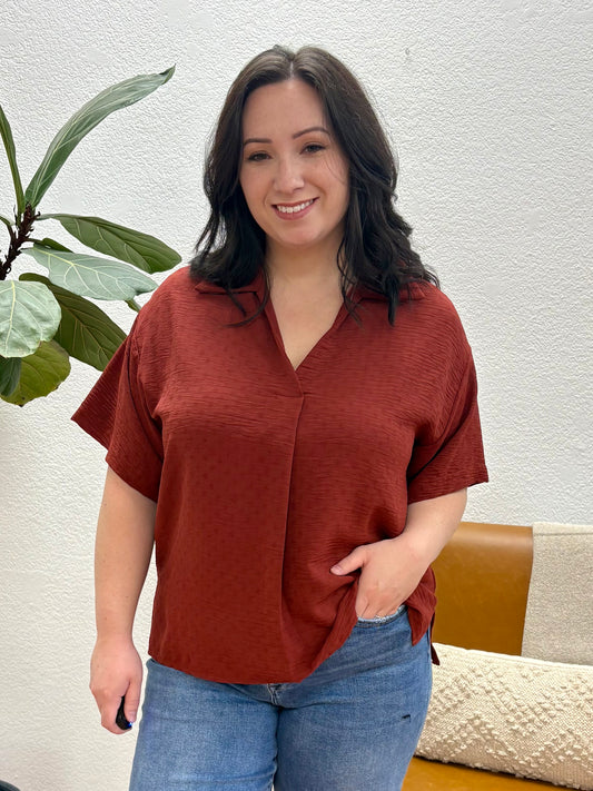 Brick V-Neck High Low Blouse