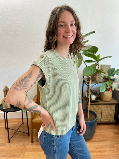 Light Green Acid Wash Tab Sleeve Knit Top