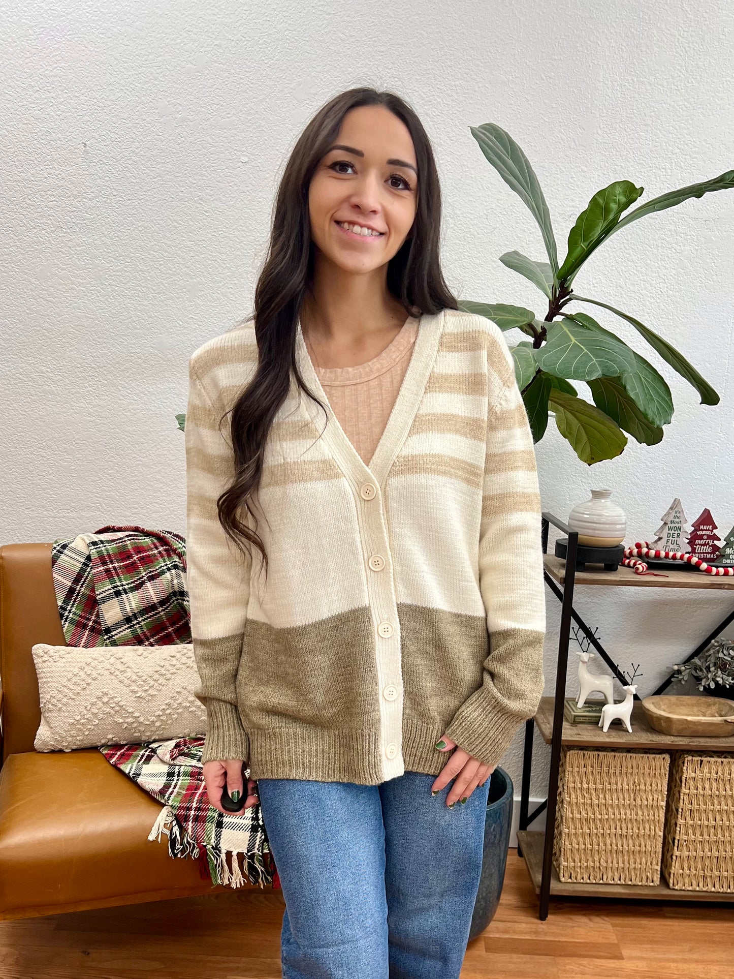 Taupe Stripe Button Cardigan