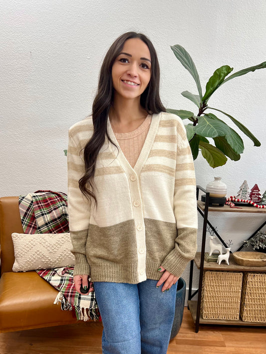 Taupe Stripe Button Cardigan